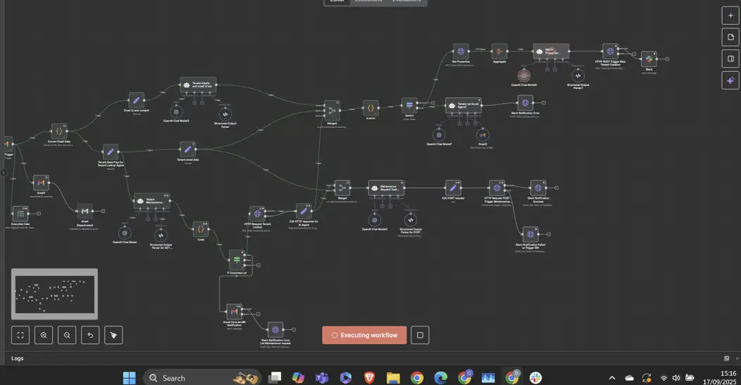 A large n8n automation workflow with agent nodes, Gmail, Slack and HTTP requests