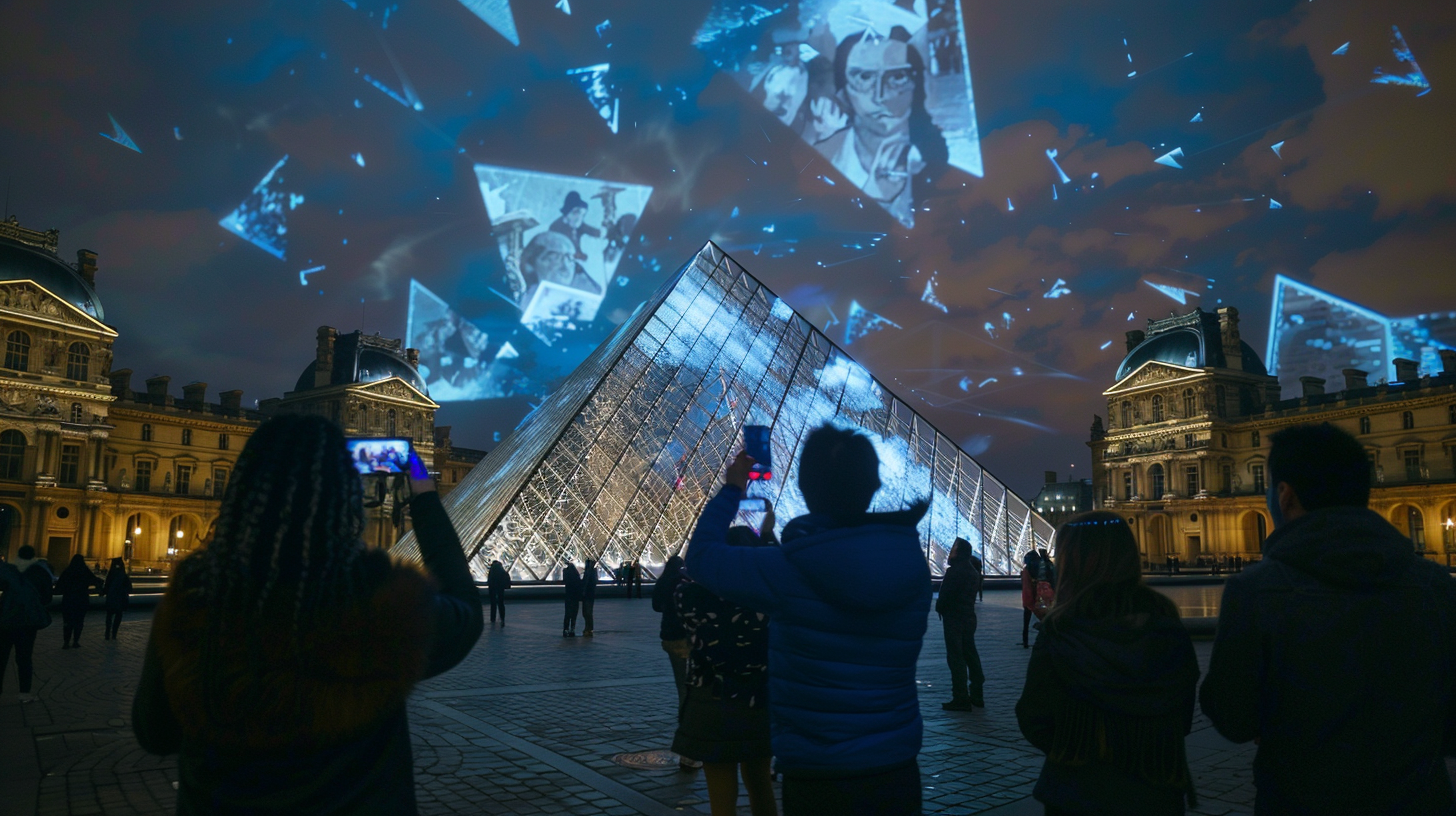 1UP AR concept: visitors capturing projections at the Louvre pyramid