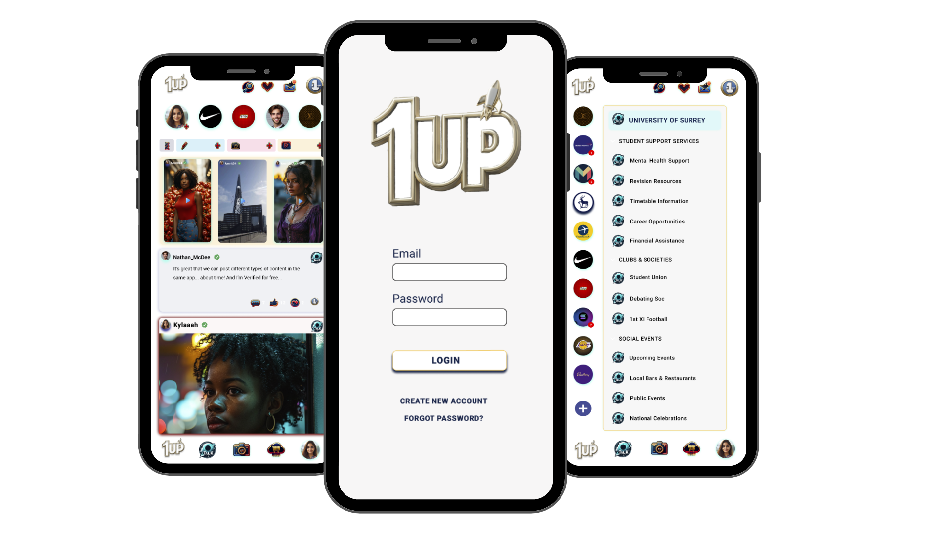 1UP social app mockup showing feed, login and university hub screens
