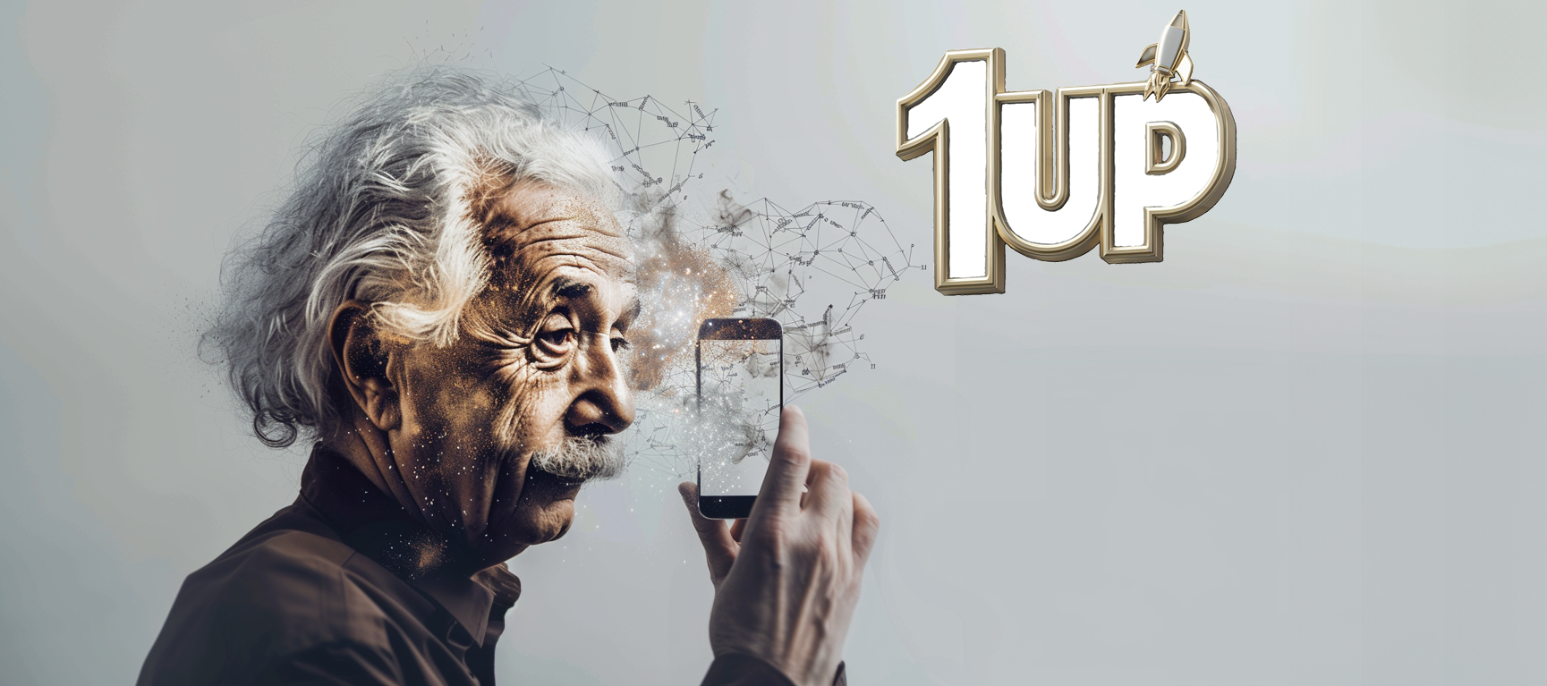 1UP promotional banner with Einstein holding a phone
