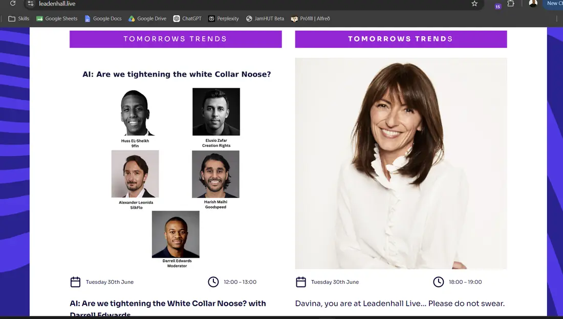 Leadenhall Live 2026 programme page listing the AI panel moderated by Darrell Edwards