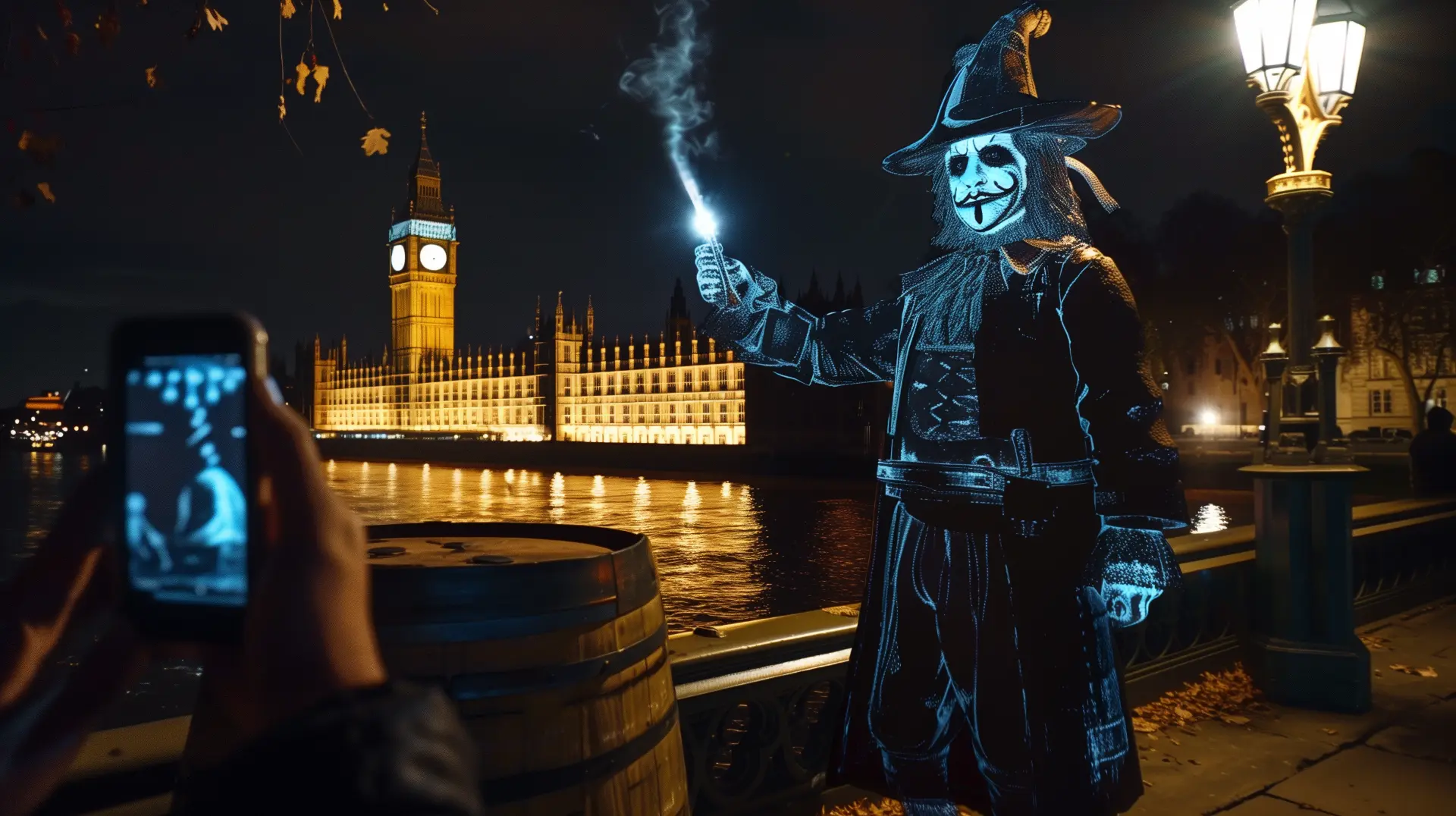 1UP AR concept: a glowing Guy Fawkes hologram by the Thames